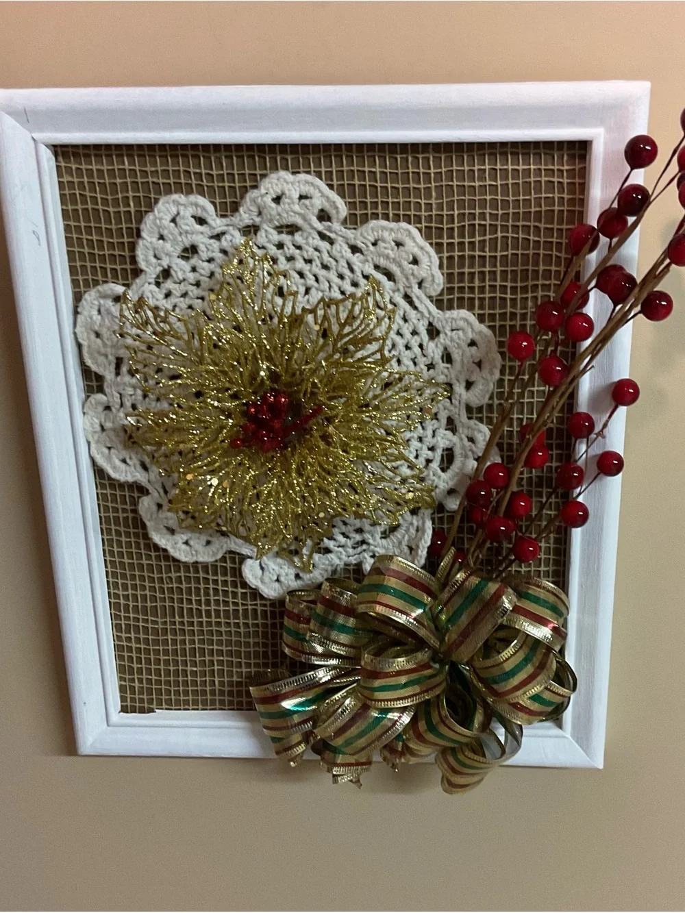 Holiday Burlap Frame Decor with Gold Poinsettia and Red Berry Accents